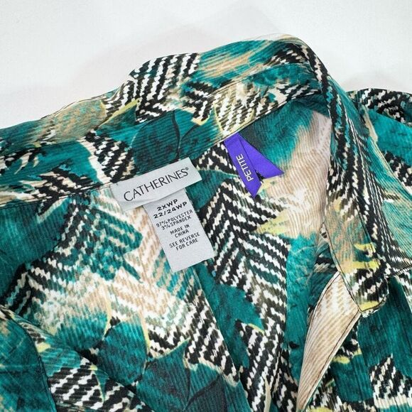 Catherines Top Shirt Womens 2X Petite Roll Tab Sleeve Green Floral Button Up - Picture 4 of 10